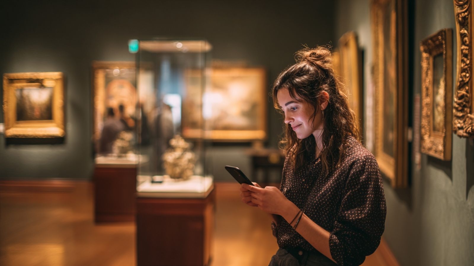 A woman sitting on a bench with a phone in her hands.