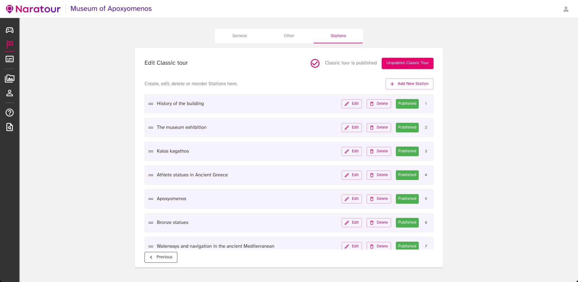 Naratour CMS Naratour CMS showing a list of stations