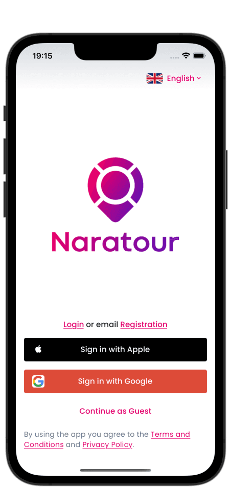Naratour app login screen Naratour app showing a login screen